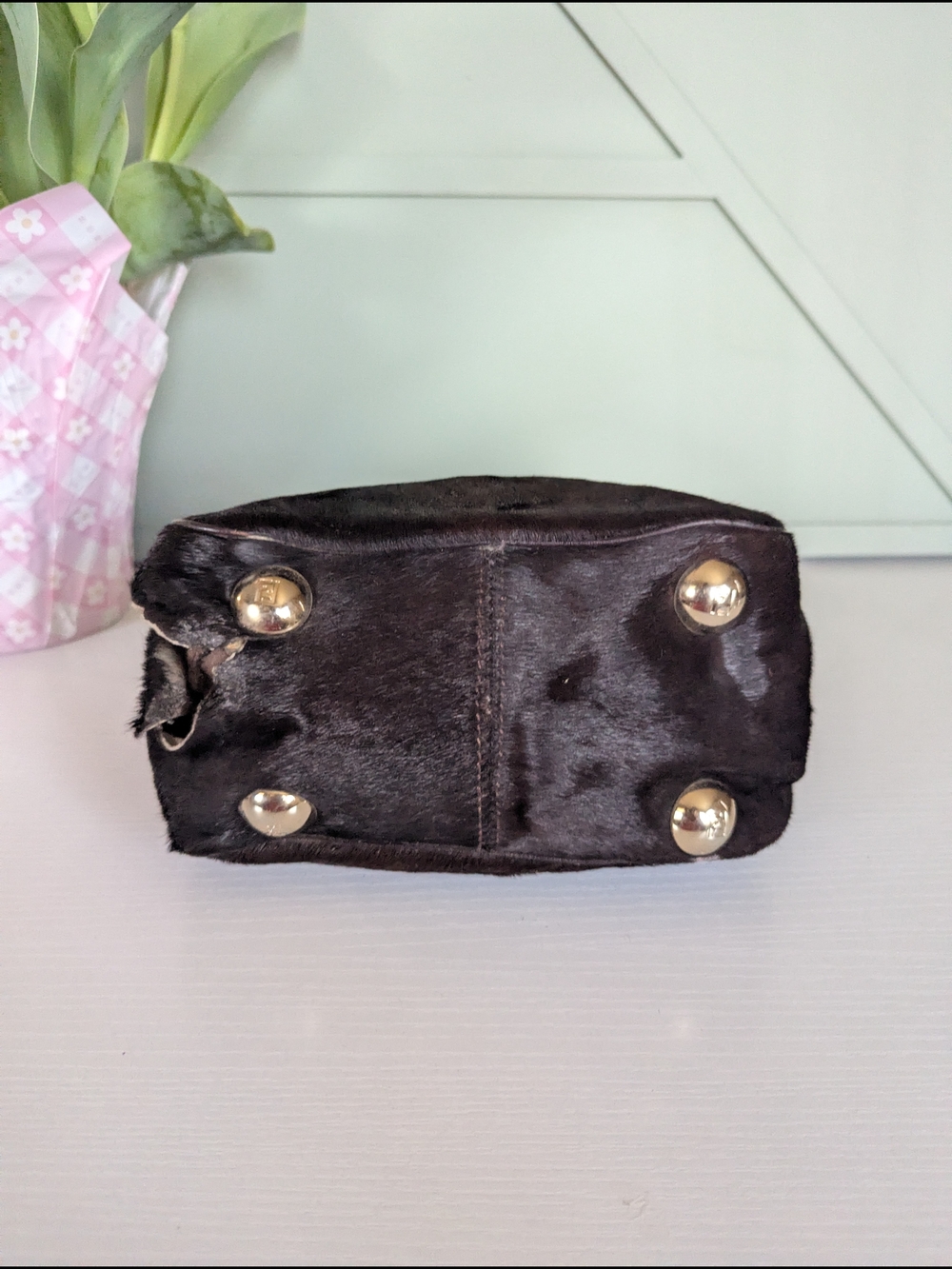 Fendi Dark Brown Mini Top-Handle Fur Bag with Gold Hardware - Picture 6 of 15